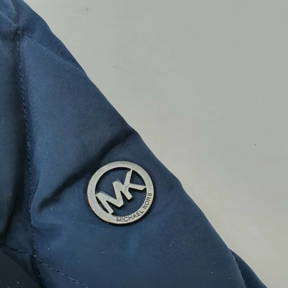 Michael Kors Navy‎ Blue Faux Leather Trim Down Filled Full Zip Puffer Jacket S